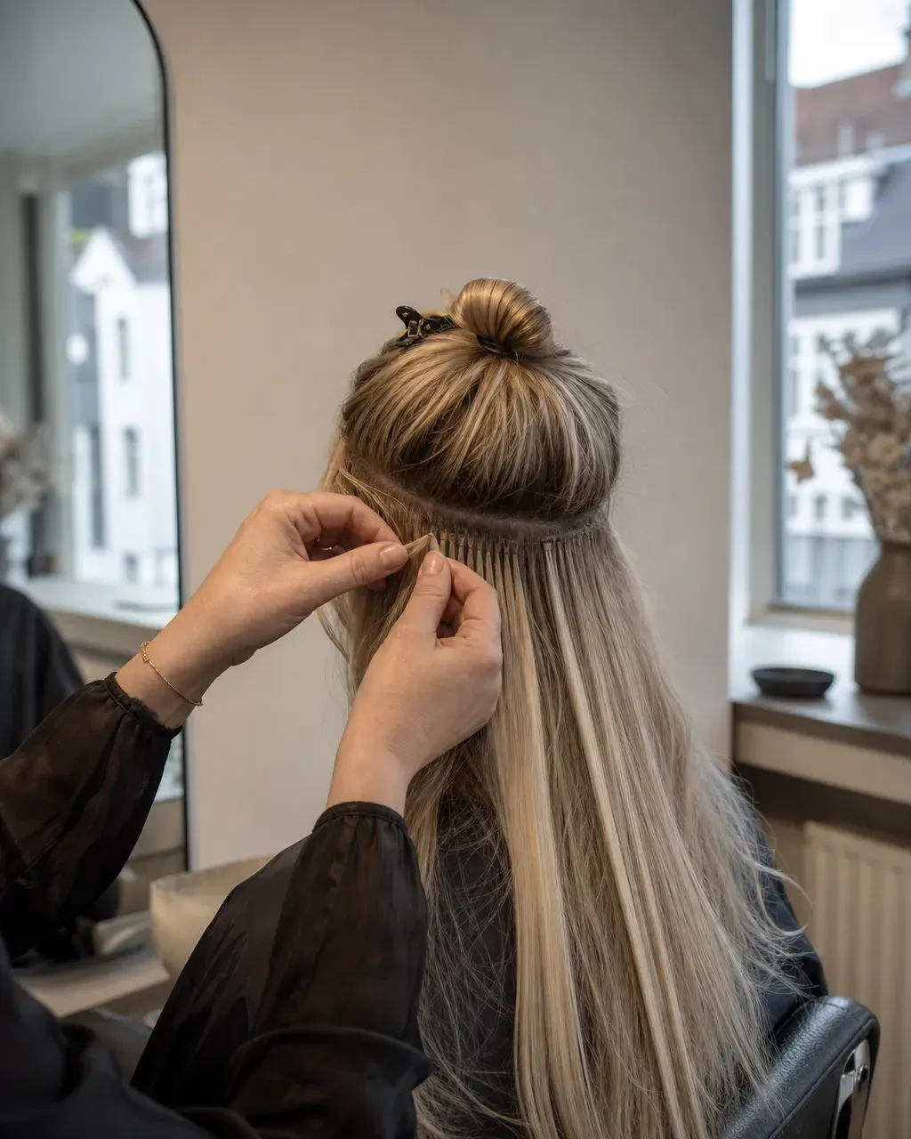 Frisørens hænder sætter hairextensions i langt, lyst hår