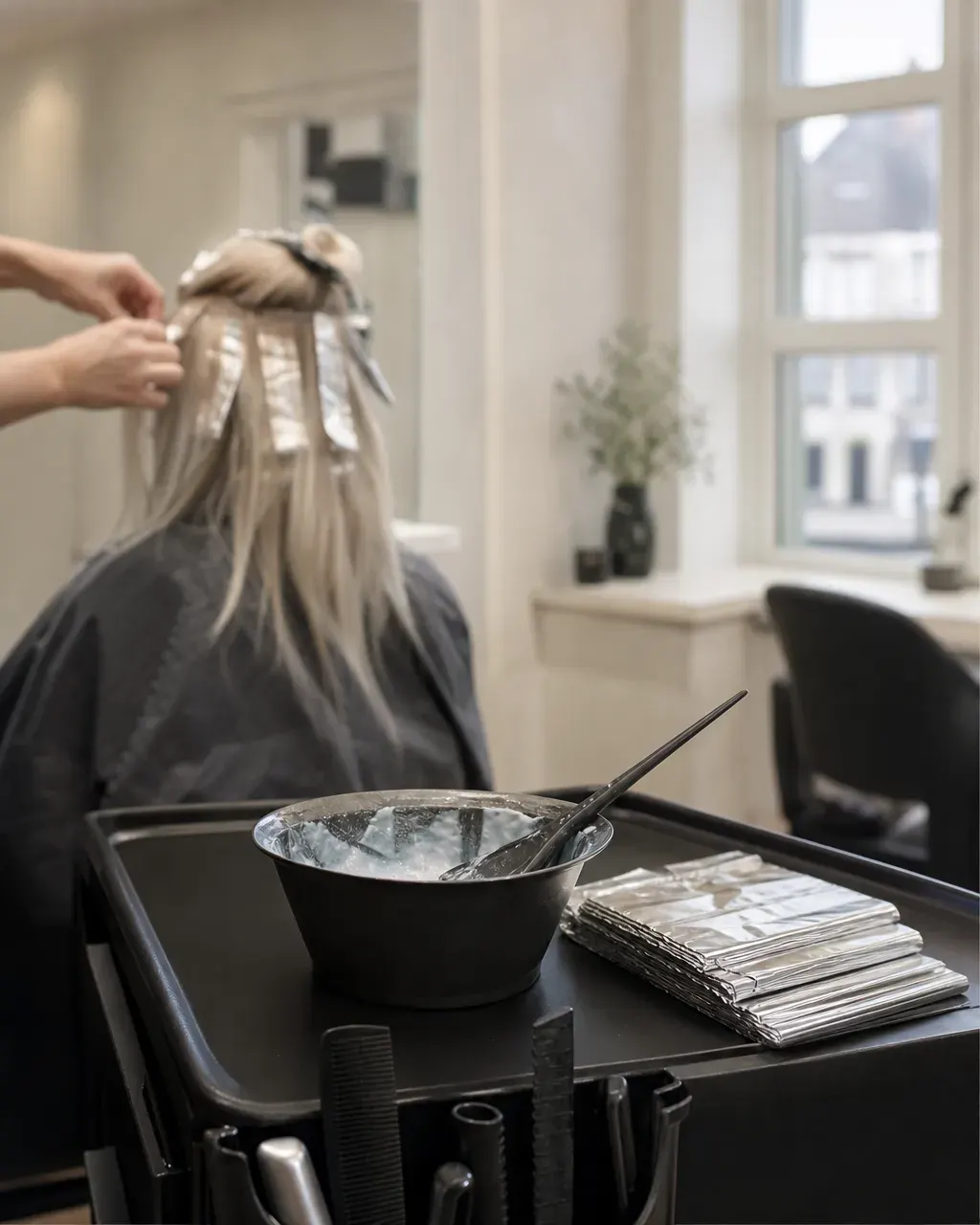 Farveskål, pensel og folier klar til hårfarvning i salonen